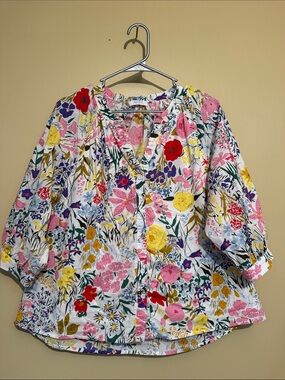 Women’s Floral V-Neck Button Blouse in White with Multicolor Print